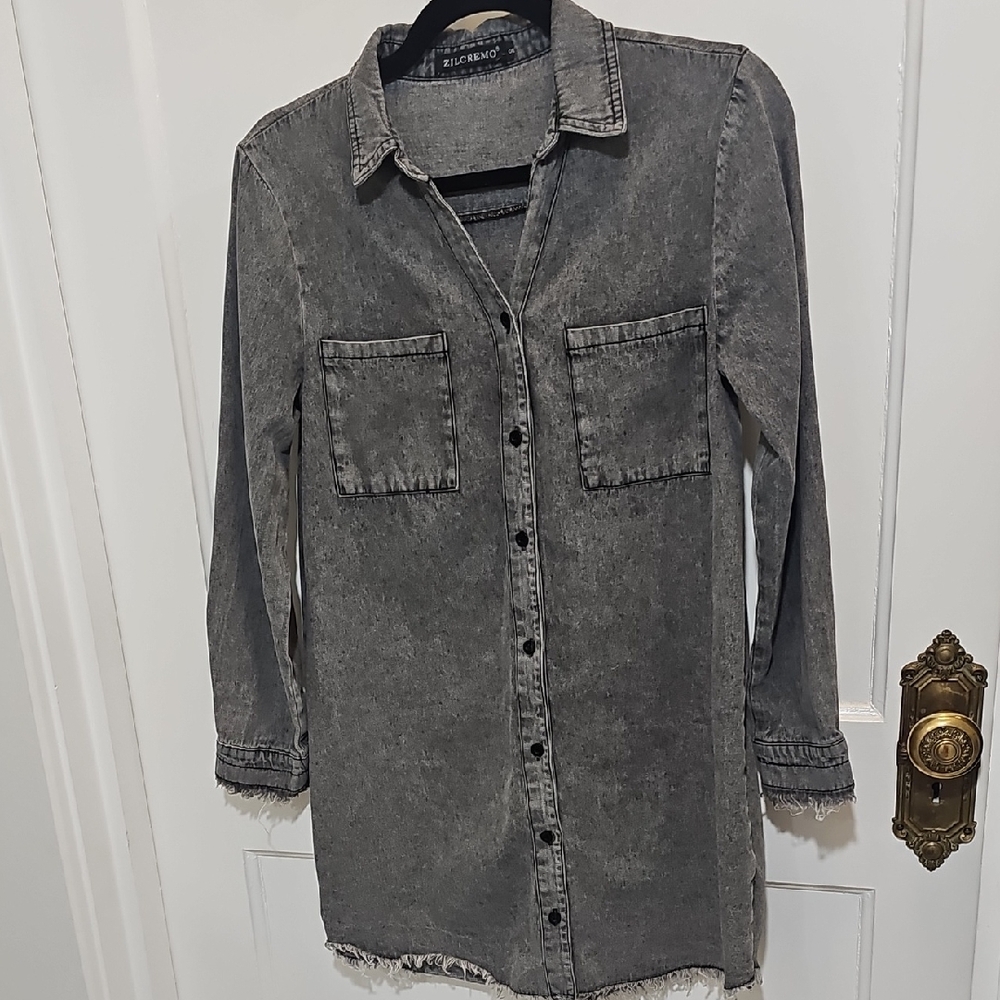 Distresssed Denim Button-Up Shirt Dress